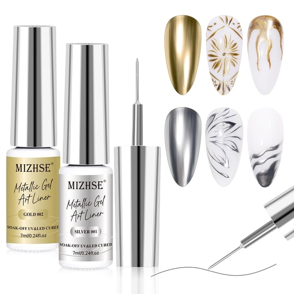 Pintura en gel para decoración de uñas MIZHSE dorada y plateada metalizada, 7 ml
