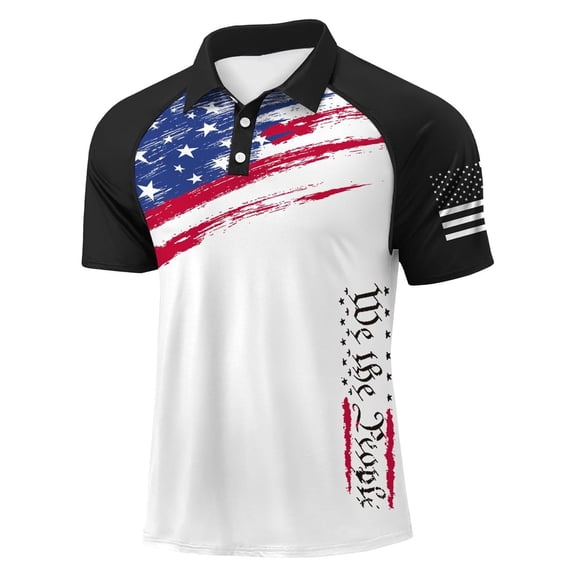 XIAOCHA Patriotic Graphic Print Polo Shirt For Men Raglan Short Sleeve Collared Tops