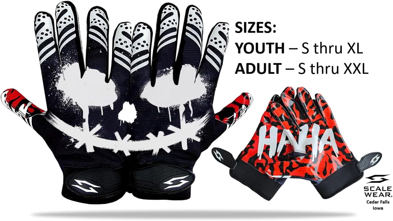 Joker Football Gloves Wide Receiver Jester Sticky Tacky Elite Pro Grip Super Sports Palms Performance Boost Game Skin Tight Kids Boys Sizes Youth Adult Men Wide Villain Battle America (Youth Large)