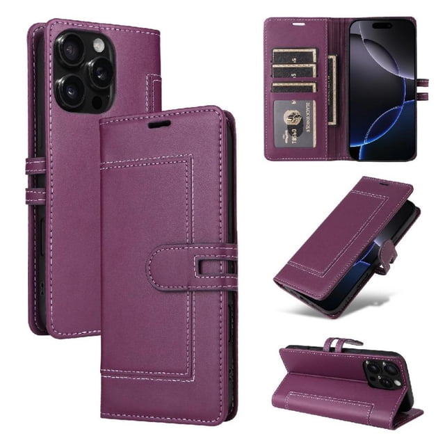 Premium Wallet Case for iPhone 16 Pro with Card Slots & Kickstand, Flip Cover Purple