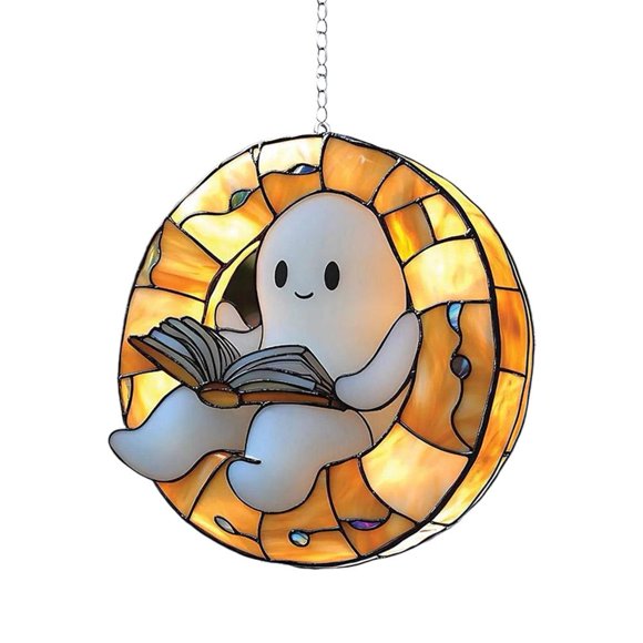 Cute Ghost Reading Book in Bathroom Suncatcher, Ghost in Bathtub Acrylic Window Haning, Halloween Spooky Season Decor, Funny Ghost Gift for Family Friend