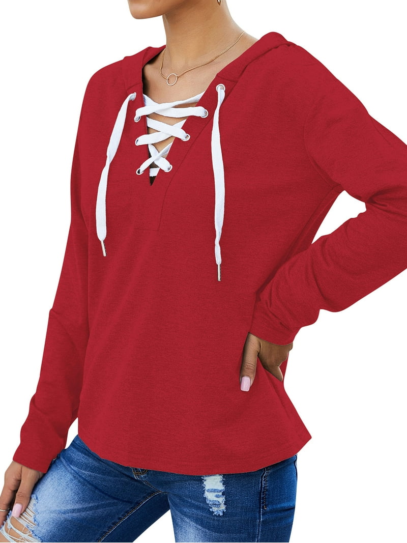 dDdDdDd　BIG DRAWSTRING LONG-SLEEVE T TWZH Women Cross V Neck Drawstring Long Sleeve Solid Color