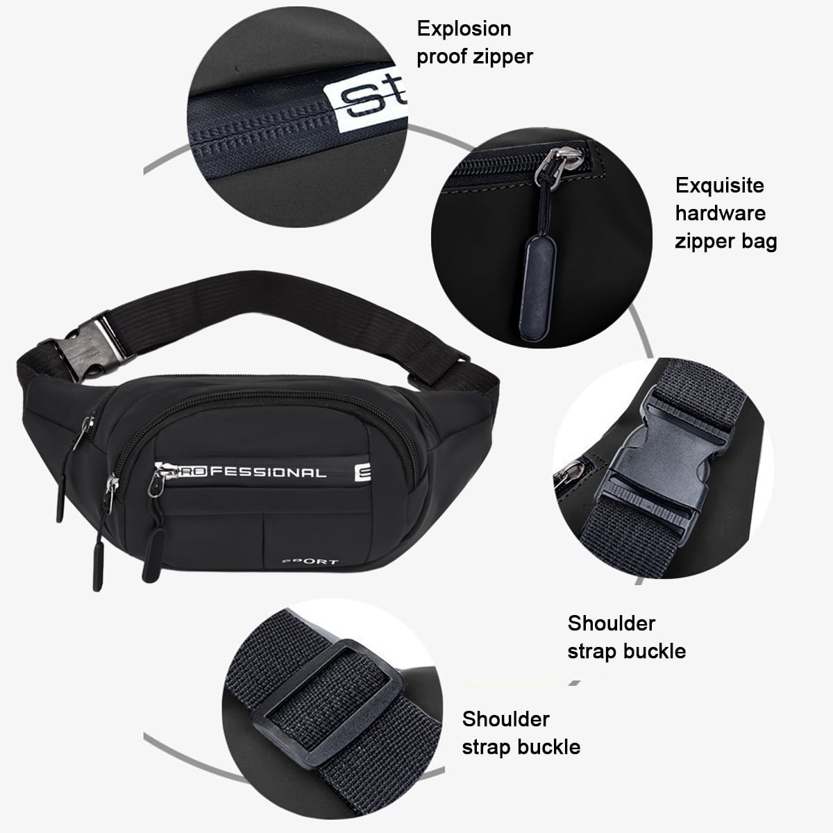 Large Fanny Pack for Women Plus Size Black Fanny Pack, Crossbody Bag with Adjustable Belt Straps Fashionable Travel Hiking Walking Belt Bag for Men - Black