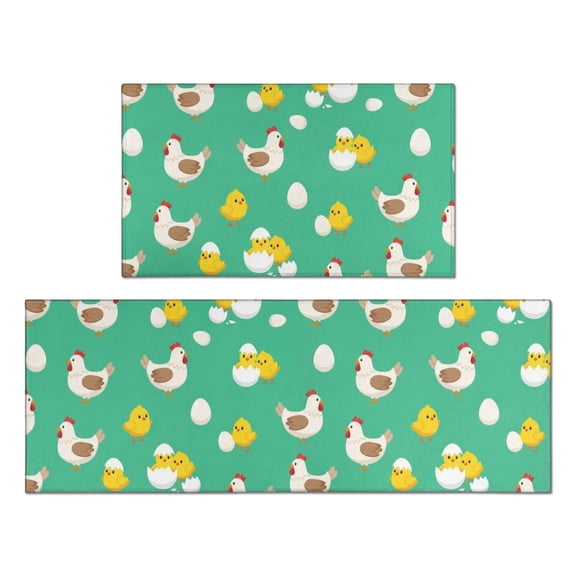Hen and Egg Green Pattern Anti Fatigue Kitchen Rugs Set Of 2, Non Slip Washable Decorative Floor Mats for Kitchen Sink Laundry, 17"x30" and 17"x47"