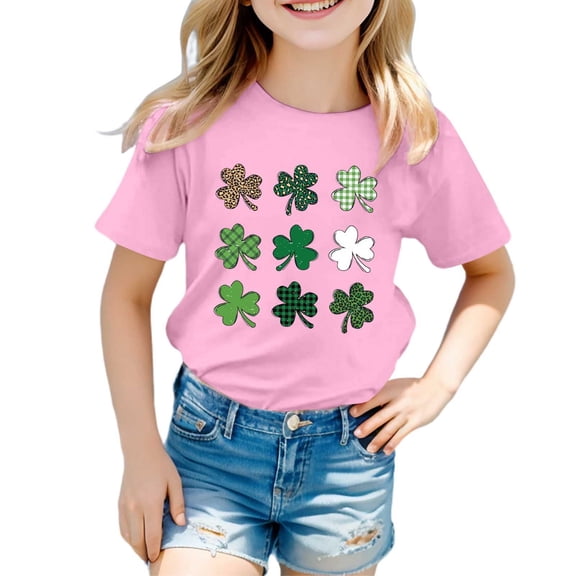 ibiyuan T Shirts for Girls Girls Shirts Size 6 St Patricks Day Shamrock Four Leaf Clover Casual Short Sleeve Green Crewneck Irish Saint Tee Clothes Summer Tops Tshirt,3-4 Years