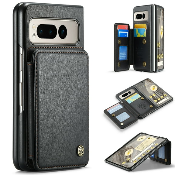 Feishell for Google Pixel Fold Case with Card Holder, Wallet Case for Women Men with RFID Blocking, Durable PU Leather Kickstand Magnetic Clasp Shockproof Phone Case,Black