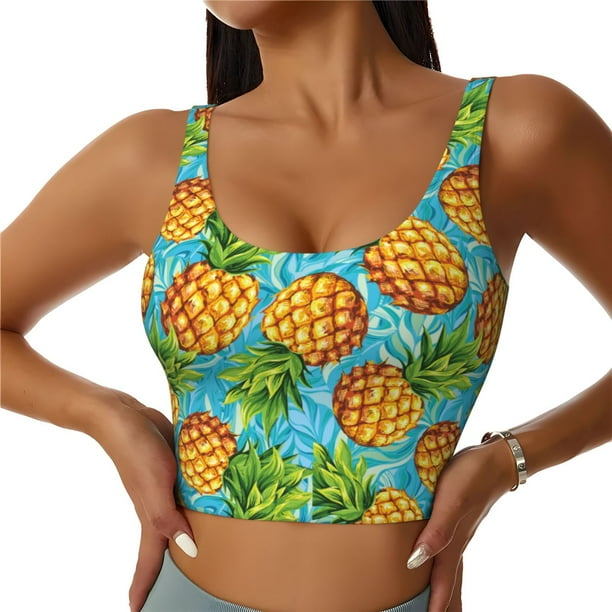 Fotbe Pineapple Sujetador Deportivo Largo sin Aros para Mujer con Almohadillas y Soporte Medio, Transpirable y Absorbente, Camiseta Tipo Chaleco o Tank Top-Large
