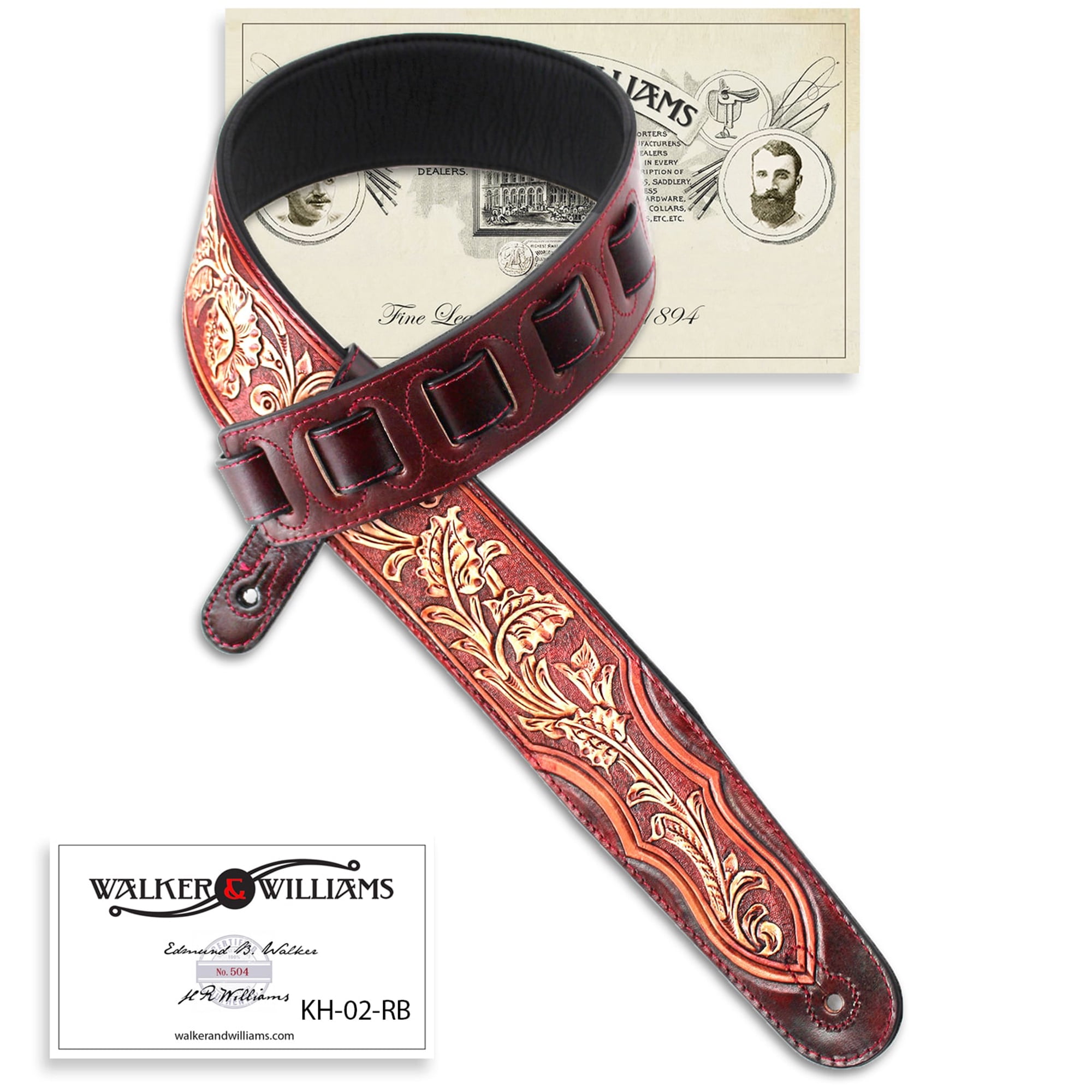 Mahogany Brown Carving Leather Padded Guitar Strap With Hand Carved