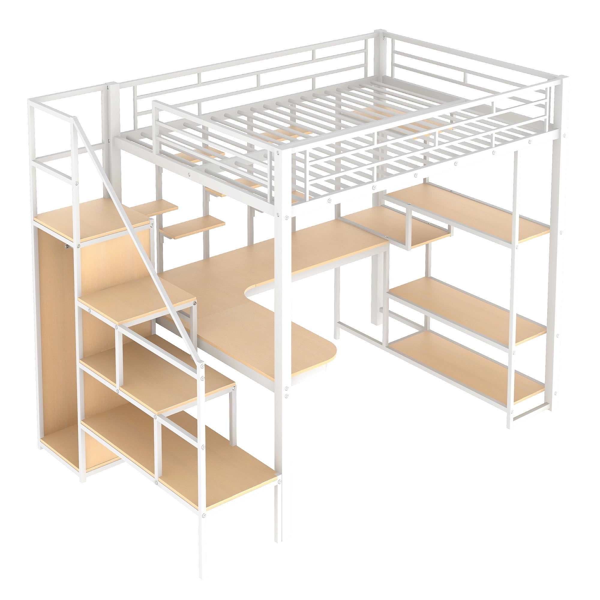 Euroco Modern Metal Full Size Loft Bed with Wardrobe, Desk and Storage Shelves for Kids Teens, White