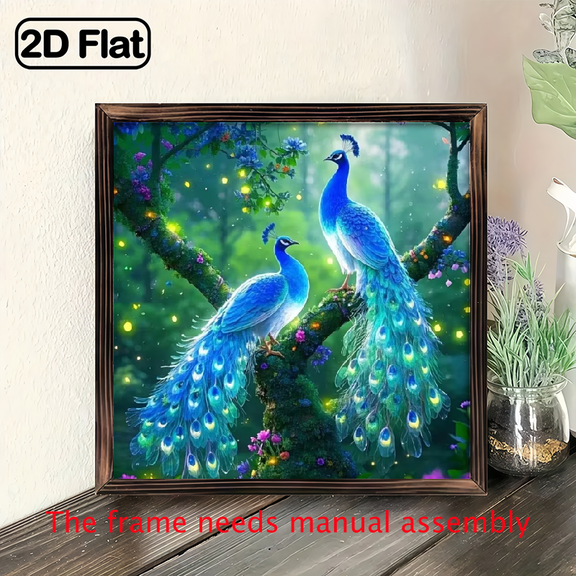 8-inch 2D flat "Two Blue Peacocks" wooden frame painting. Installation is simple. It is suitable for wall decoration signs and plaques in homes, etc. It is an ideal gift for celebrations.