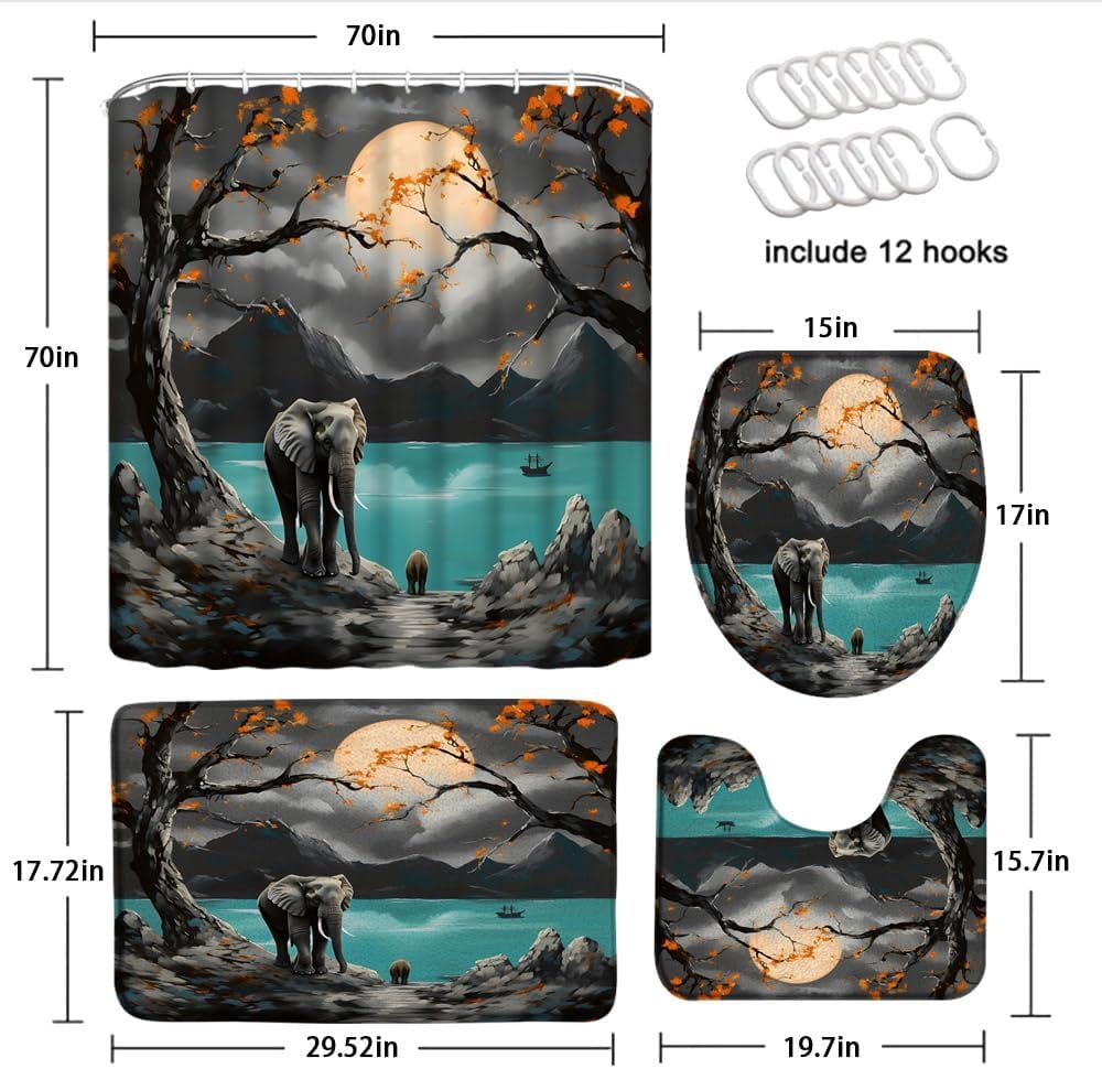 4Pcs Cute Elephant Shower Curtain Sets with Bath Rug U Shape Mat and Toilet Lid Cover Grey Animal Butterfly Funny Wildlife Modern Kids Bathroom Decor Curtains Set with 12 Hooks