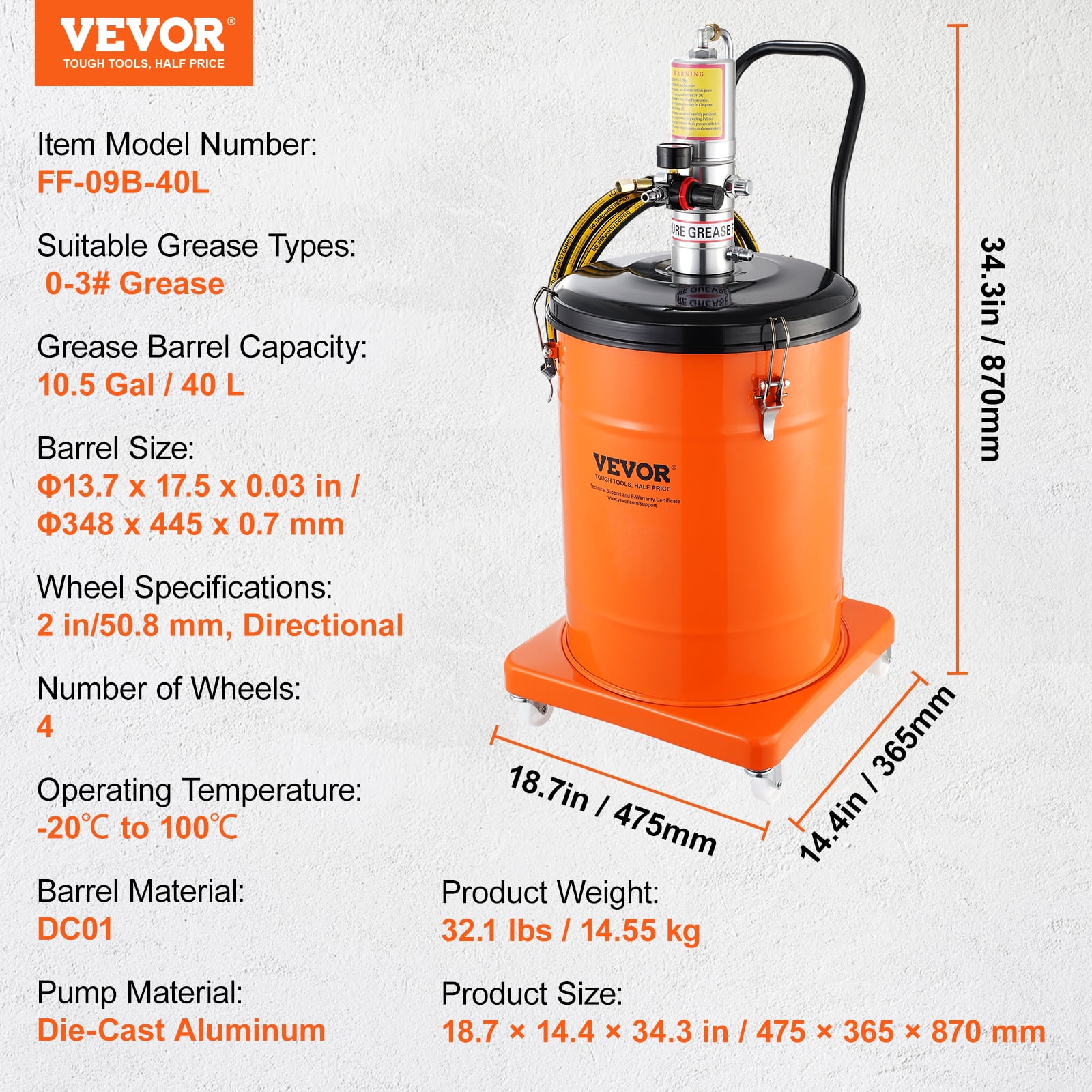 VEVOR Grease Pump, 10.5 Gallon 40L Air Operated Grease Pump with 13 ft High Pressure Hose and Grease Gun, Pneumatic Grease Bucket Pump with Wheels, Lubrication Grease Pump 50:1 Pressure Ratio
