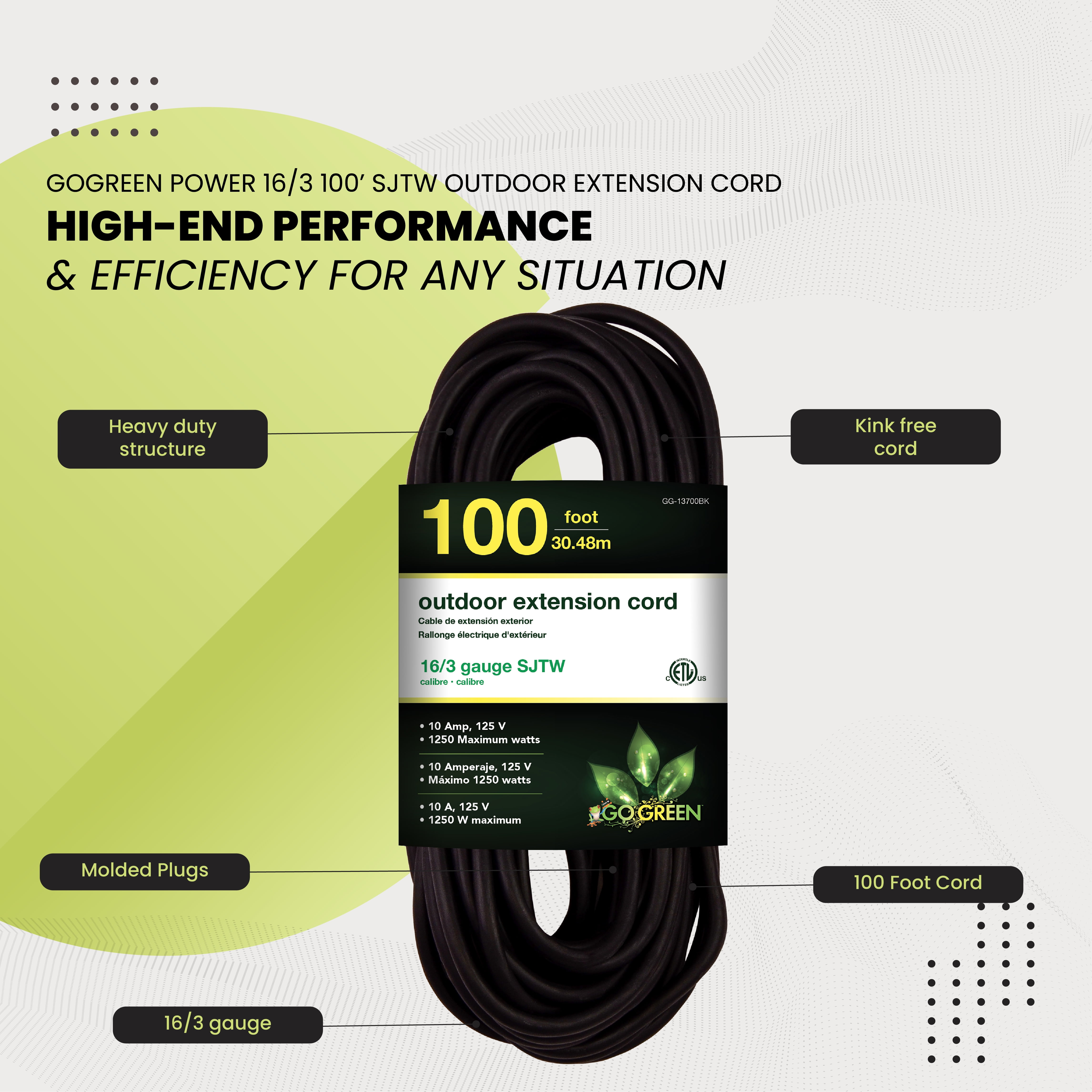 GoGreen Power Inc. 16/3 100ft Black Outdoor Extension Cord - Heavy Duty, Moisture Resistant - Perfect for Tools & Equipment - GG-13700BK