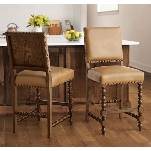 The Pioneer Woman Harper Faux Leather Counter Stools, Set of 2, Tan Fabric Upholstery