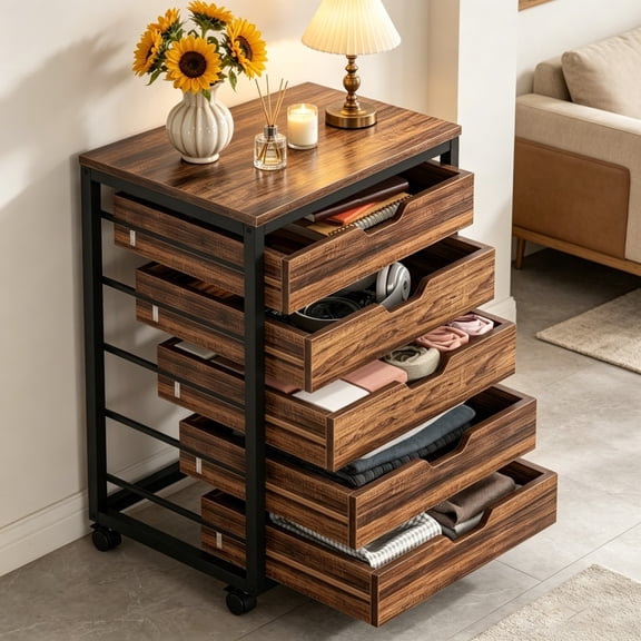 5-Drawer Mobile Storage Cabinet with Wood Veneer & Black Metal Frame, Rolling Printer Stand File Cabinet with Lockable Casters, Top Holds 45LBS for Home Office Bedroom