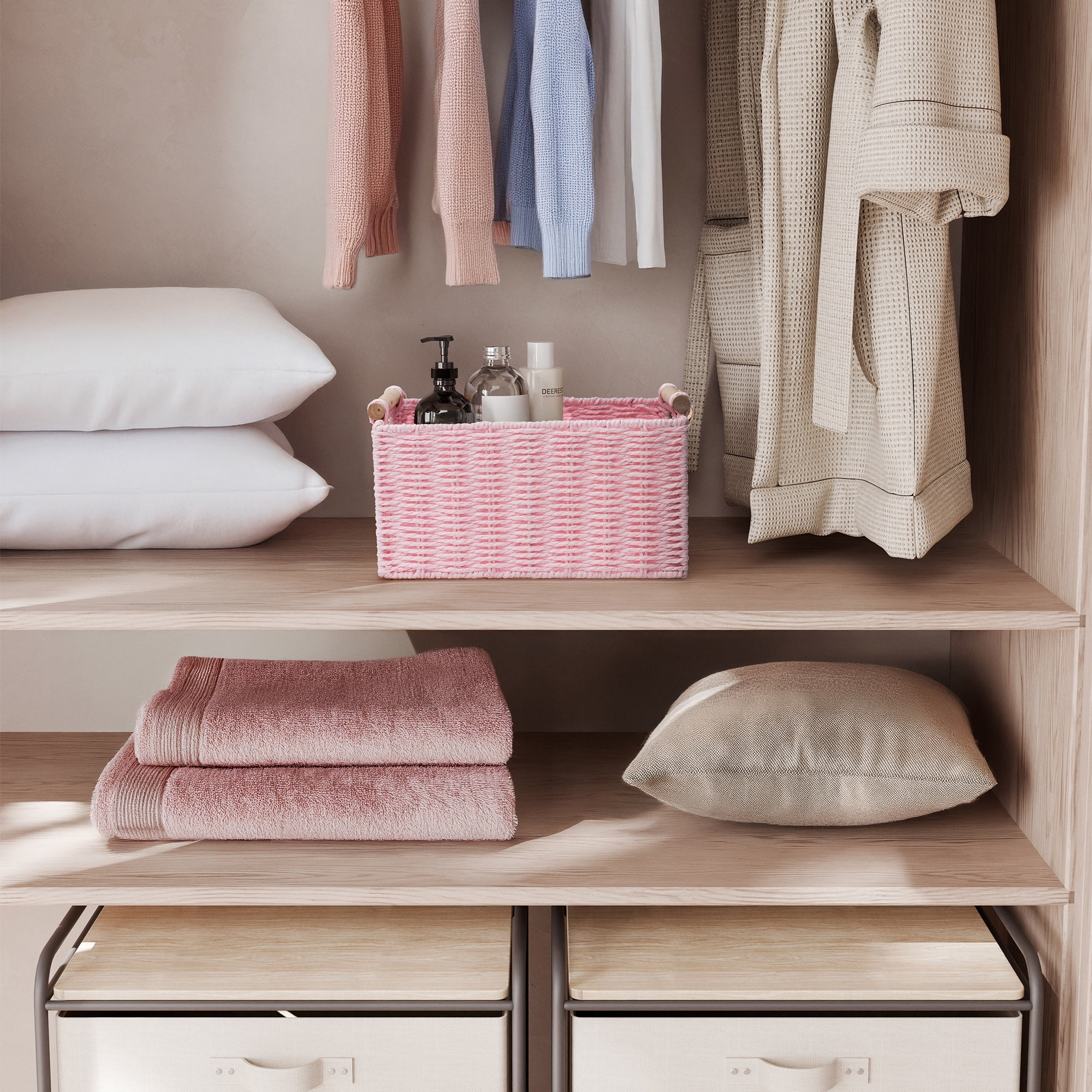 Panier de rangement décoratif rectangulaire en corde de papier tissée Zenna Home rose perle