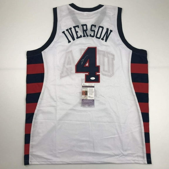 Autographed/Signed Allen Iverson United States USA White Olympics Basketball Jersey JSA COA