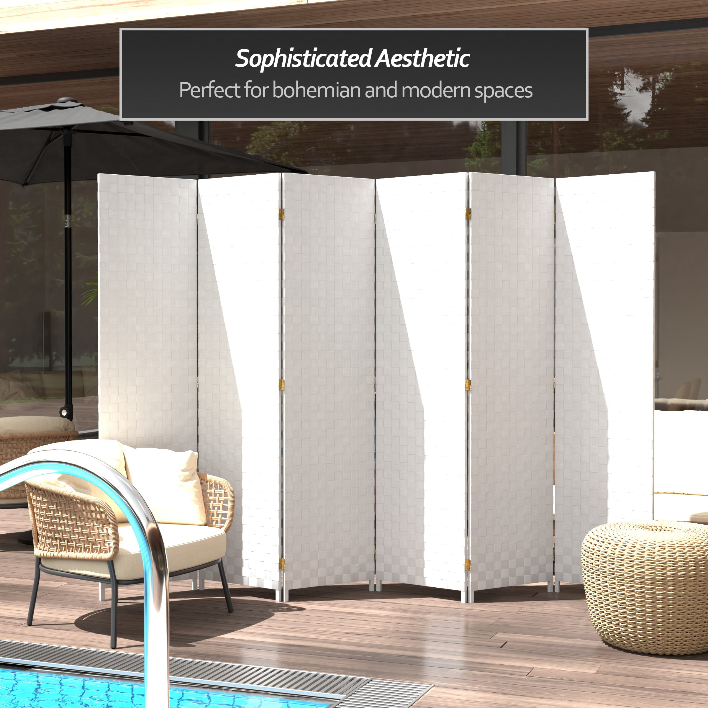 Red Lantern 6 ft. Tall Woven Fiber Outdoor All Weather Room Divider - 6 Panel - White
