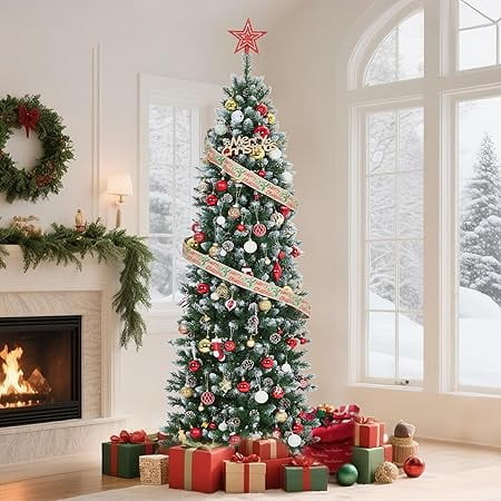 GAOMON 12FT Artificial Christmas Tree, Pre-Lit Pencil Christmas Tree,Dual LED Light, Xmas Tree Holiday Decoration for Home Party