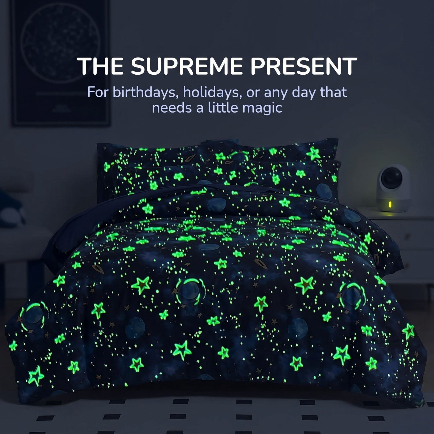 Unbranded Glow in The Dark Kids Comforter Set, 5 Pieces Blue Space Bedding Set Twin Size for Boys Girls Teen, 1 Comforter, 1 Pillowcase, 1 Pillow Sham, 1 Flat Sheet, 1 Fitted Sheet