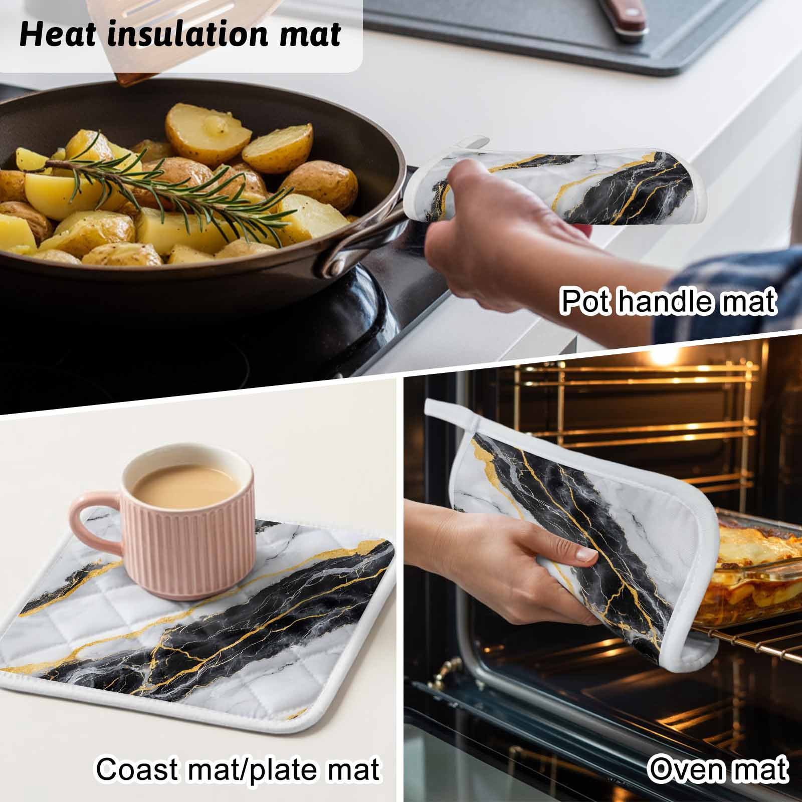 Marble Black Pot Holders for Kitchen Heatproof Potholder, 3 Pack Gold Foil Ceramic Style Cracks Scratches Hot Pads Multipurpose Oven Pads Cloth Potholders Trivet for Cooking Baking