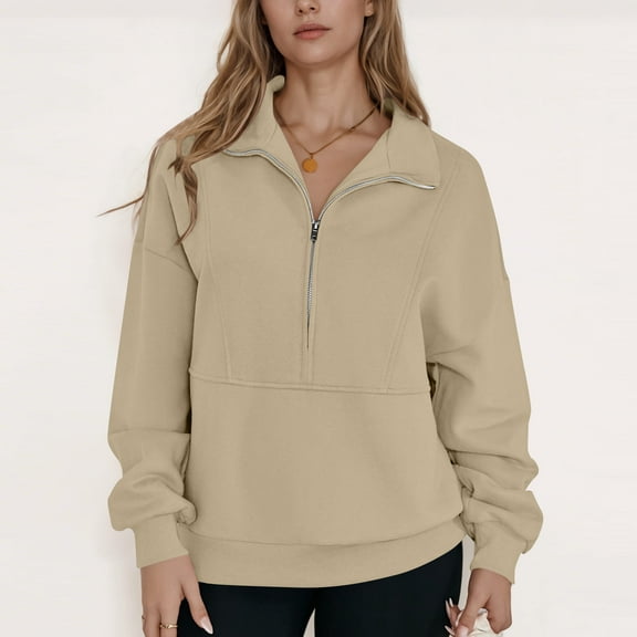ClodeEU Womens Oversized Sweatshirt,Casual Half Zip Pullover, Long Sleeve Drop Shoulder Top Khaki,Womens Plus L