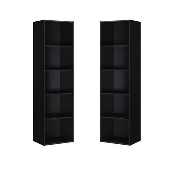 Home Square Five Shelf Wooden Bookcase Set in Black (Set of 2)