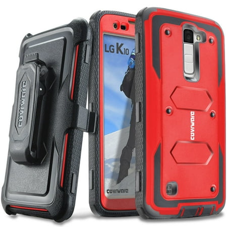 COVRWARE® LG K10 / LG Premier LTE - [Aegis Series] with Built-in [ Screen Protector ] Heavy Duty Full-Body Rugged Holster Armor Case & Belt Swivel Clip [ Kickstand ] - Red