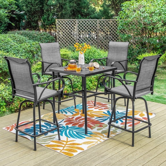 SUMMIT LIVING 5-Piece Outdoor Patio Swivel Bar Stool Dining Set with 4 High Back Textilene Chairs with Armrest&1 Metal Bistro Bar Table,Black&Grey