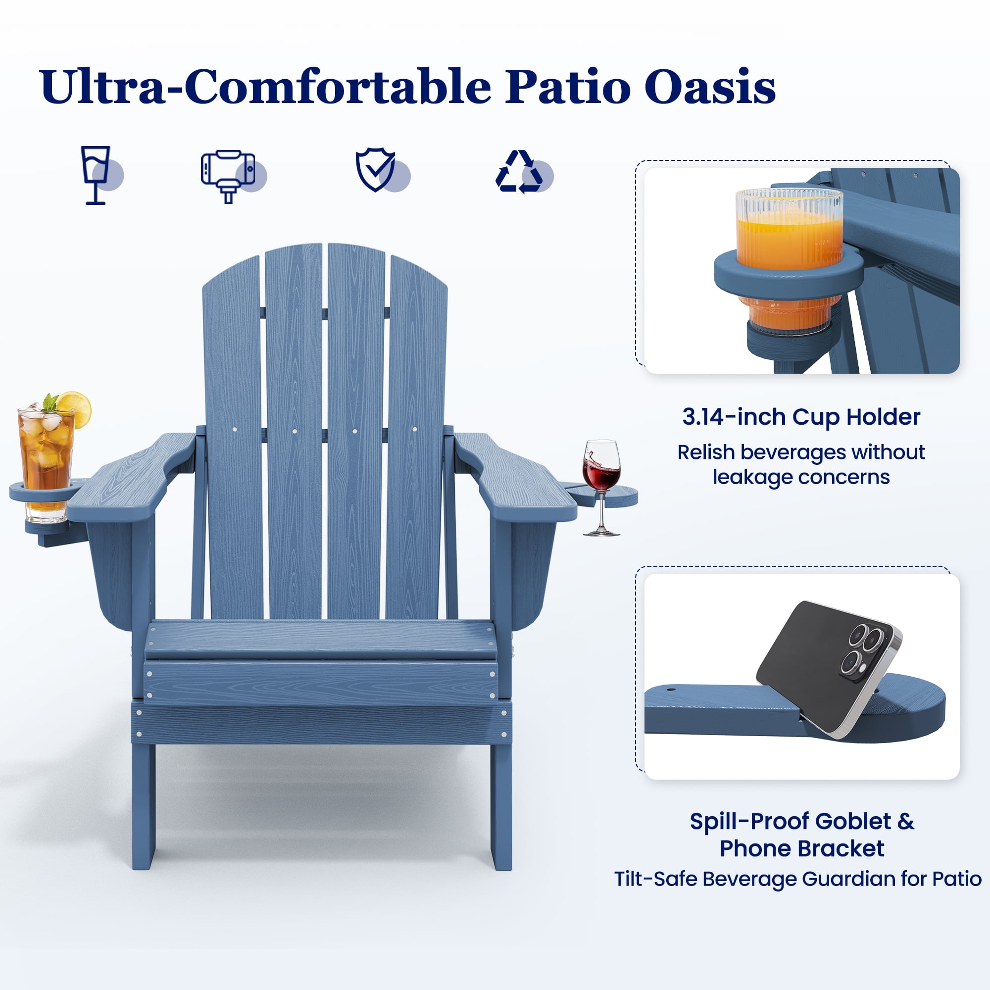 SERWALL Folding Adirondack Chair Set with Dual Cup Holders & Phone Holder, All-Weather HDPE Fire Pit Chairs for Outdoor, Patio, Poolside, Garden - Blue