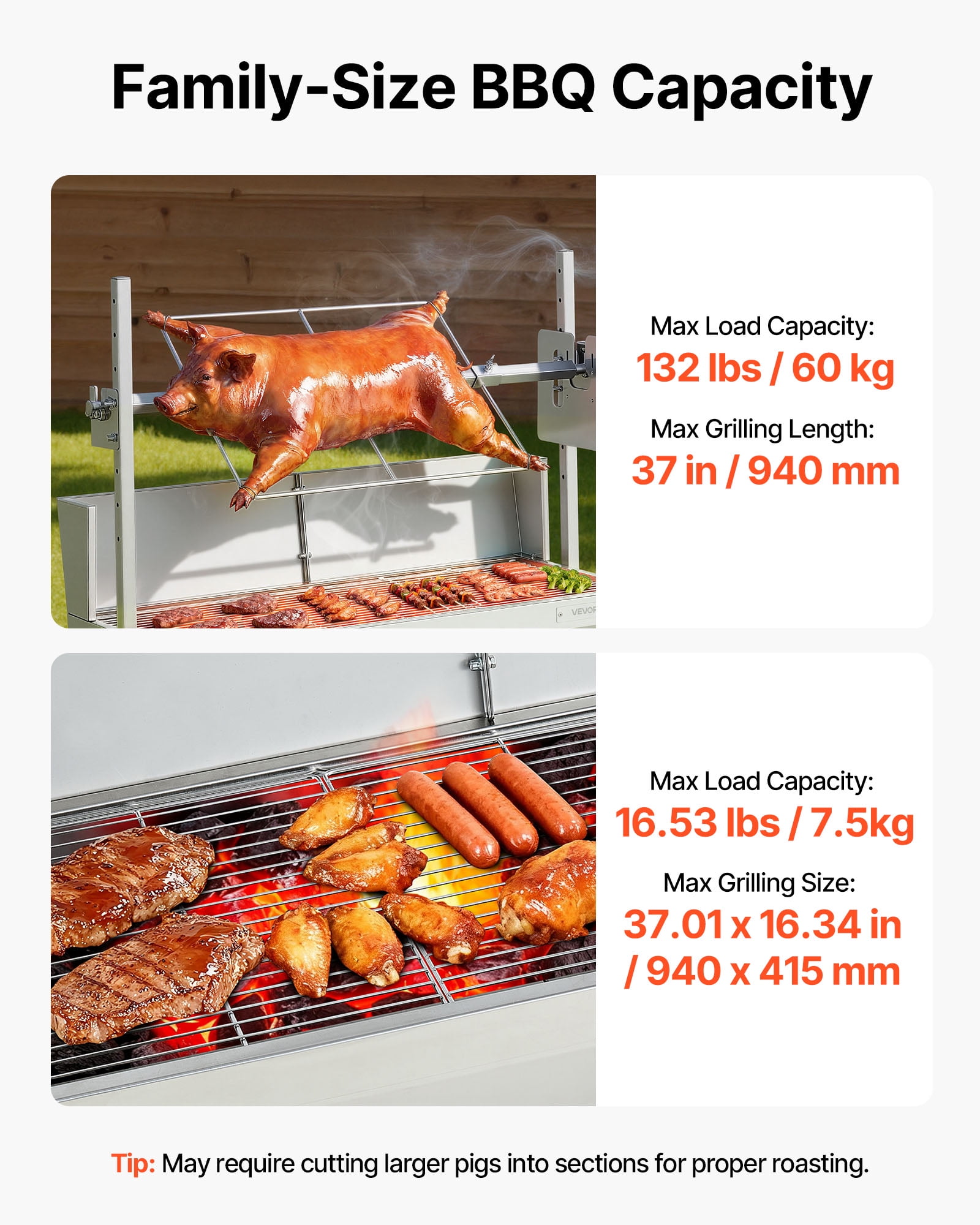 VEVOR Rotisserie Grill, 38W BBQ Outdoor Pig & Lamb Spit Roaster, Charcoal Spit Roaster with 132 LBS Load Capacity & 7-Level Height, Stainless Steel Electric Rotisserie Grill Kit for Camping Outdoor