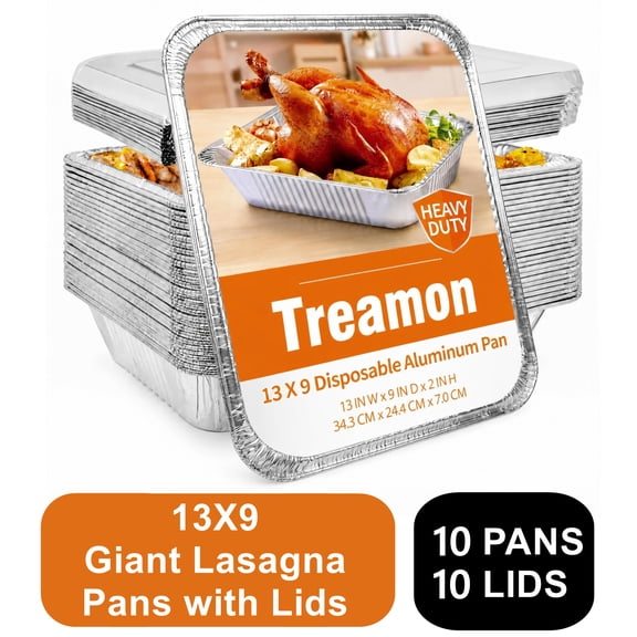 Treamon Aluminum Pans with Lids, Disposable Foil Pans, 9" x 13" 10 Count