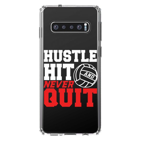 DistinctInk Clear Shockproof Hybrid Case for Samsung Galaxy S10  PLUS (6.4" Screen) - TPU Bumper Acrylic Back Tempered Glass Screen Protector - Hustle Hit Never Quit Volleyball