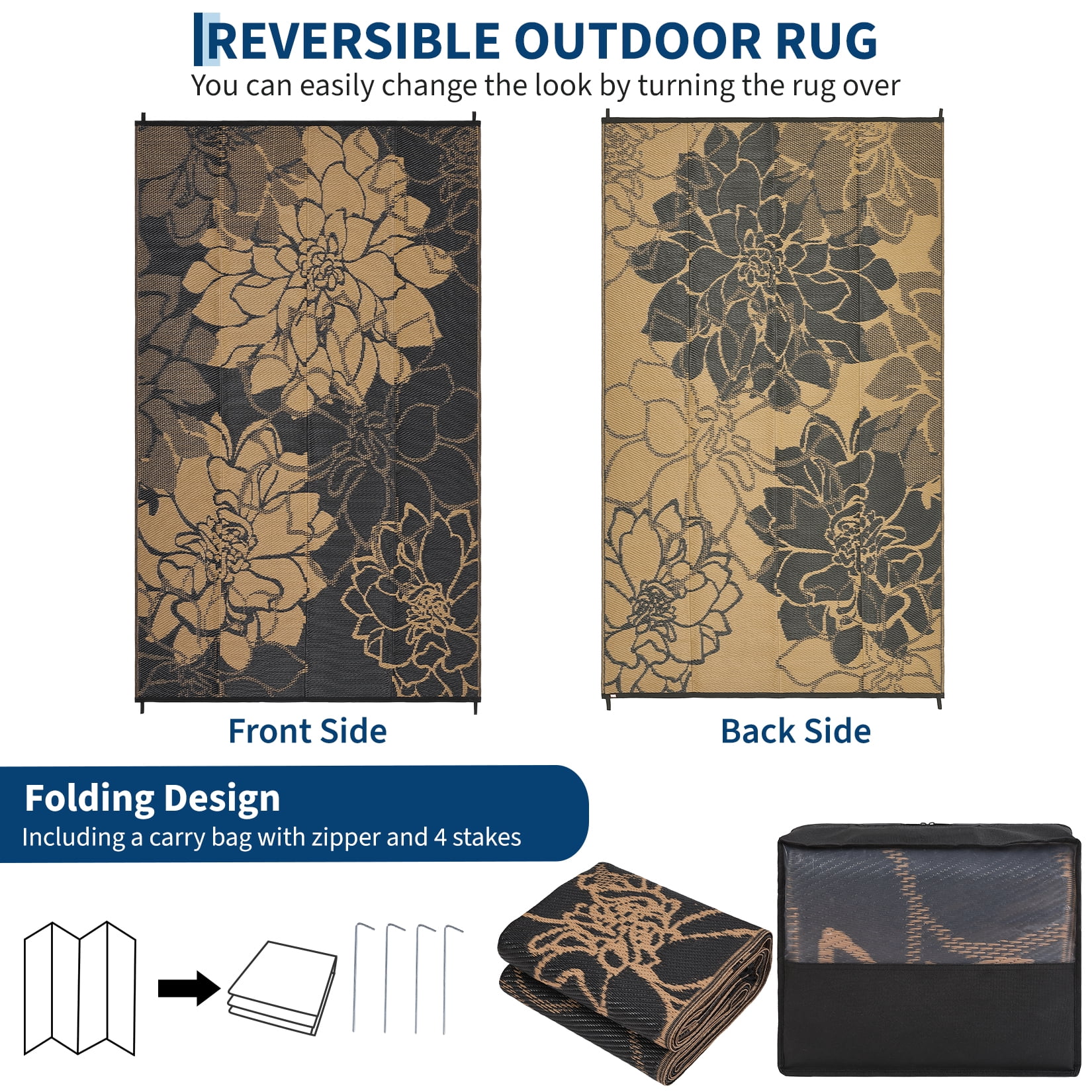Garvee Waterproof Outdoor Rug 9'x18' Modern Floral Patio Carpet, Reversible Plastic Straw Rug Foldable RV Camping Mat with Stakes for Patio Balcony Deck Backyard, Black Brown