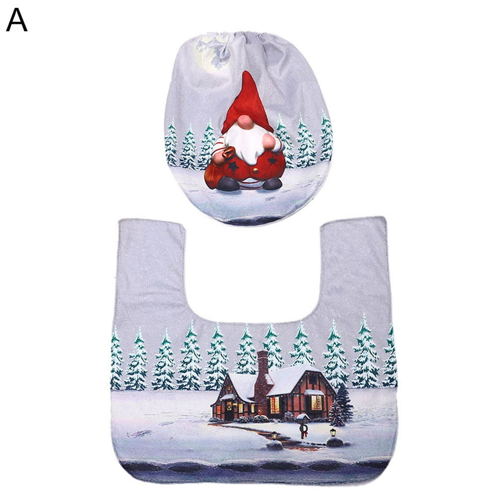 Bluelans 2Pcs Christmas Santa Gnome Bathroom Toilet Seat Cover Pad Mat