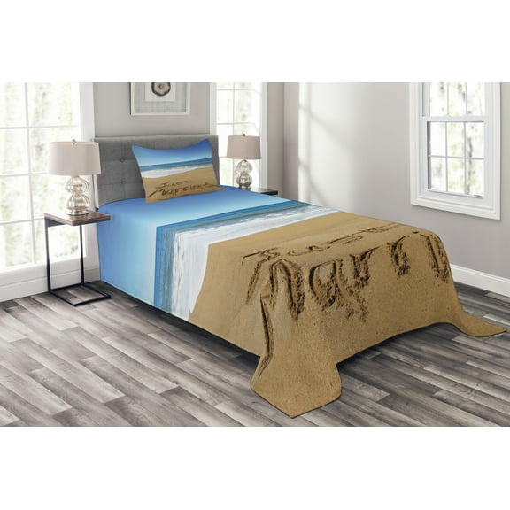 Ambesonne Beach Quilted Bedspread Set 2 Pcs, Just Married on Sand, Twin Size, Blue Brown White