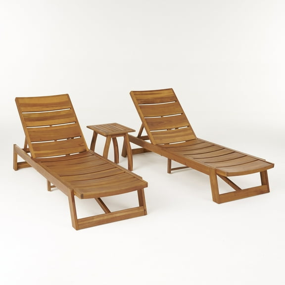 GDF Studio April Outdoor Acacia Wood 3 Piece Adjustable Chaise Lounge Chat Set, Teak
