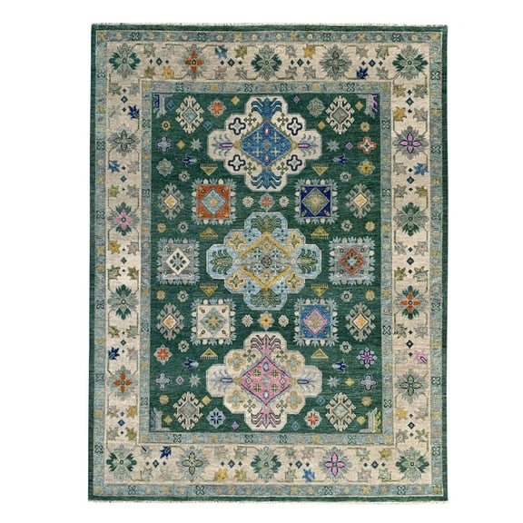 EORC Dark Green / Beige Hand Knotted Wool Traditional Kazak Collection Rug, 10' x 14'