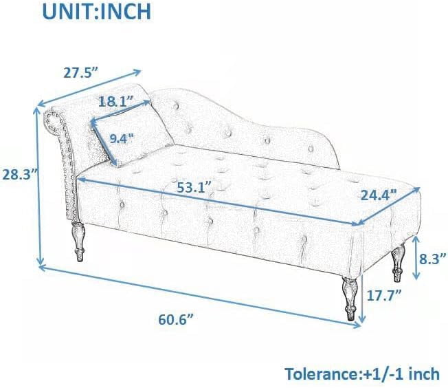 Miniyam Velvet Chaise Lounge, Tufted Accent Chaise Chair with Pillow for Living Room Bedroom, Blue