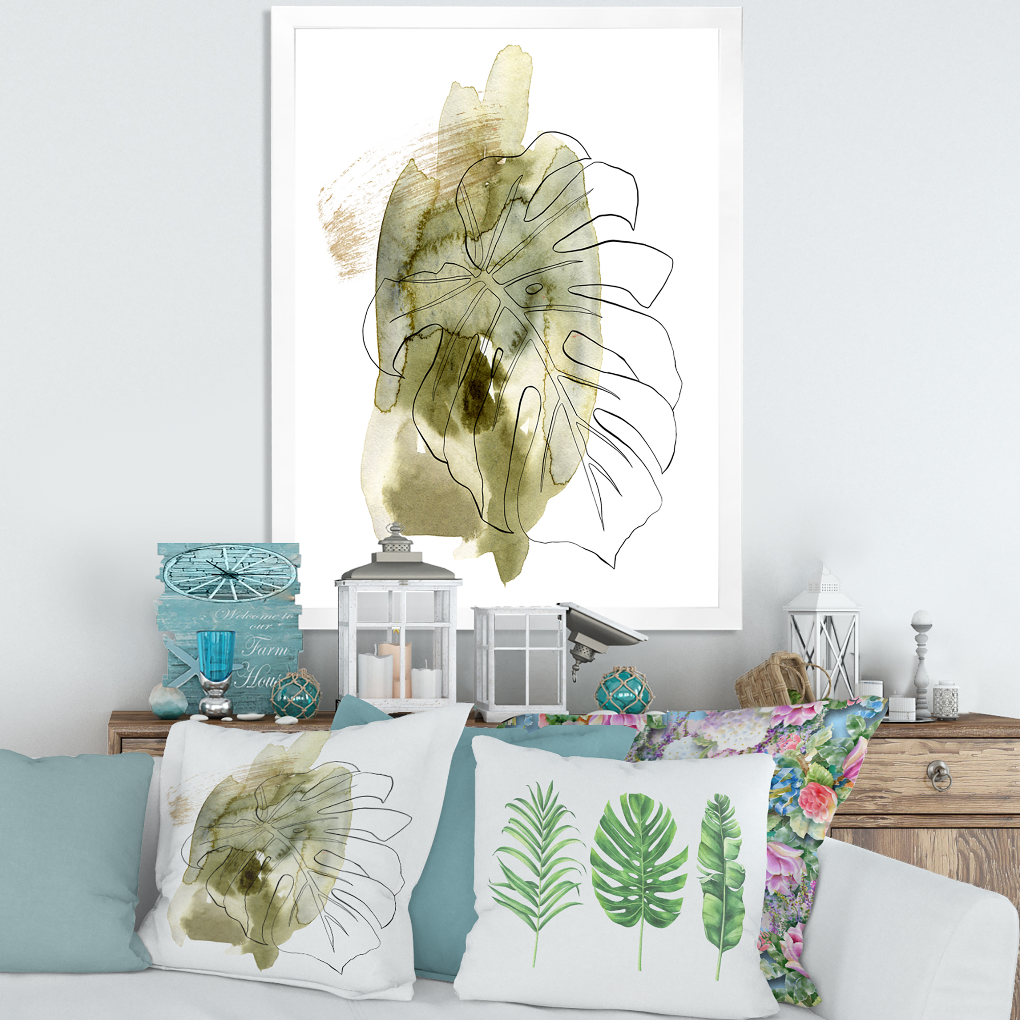 Designart 'Line Art Monstera Branch Tropical Abstract Leaves on Green' Traditional Framed Art Print