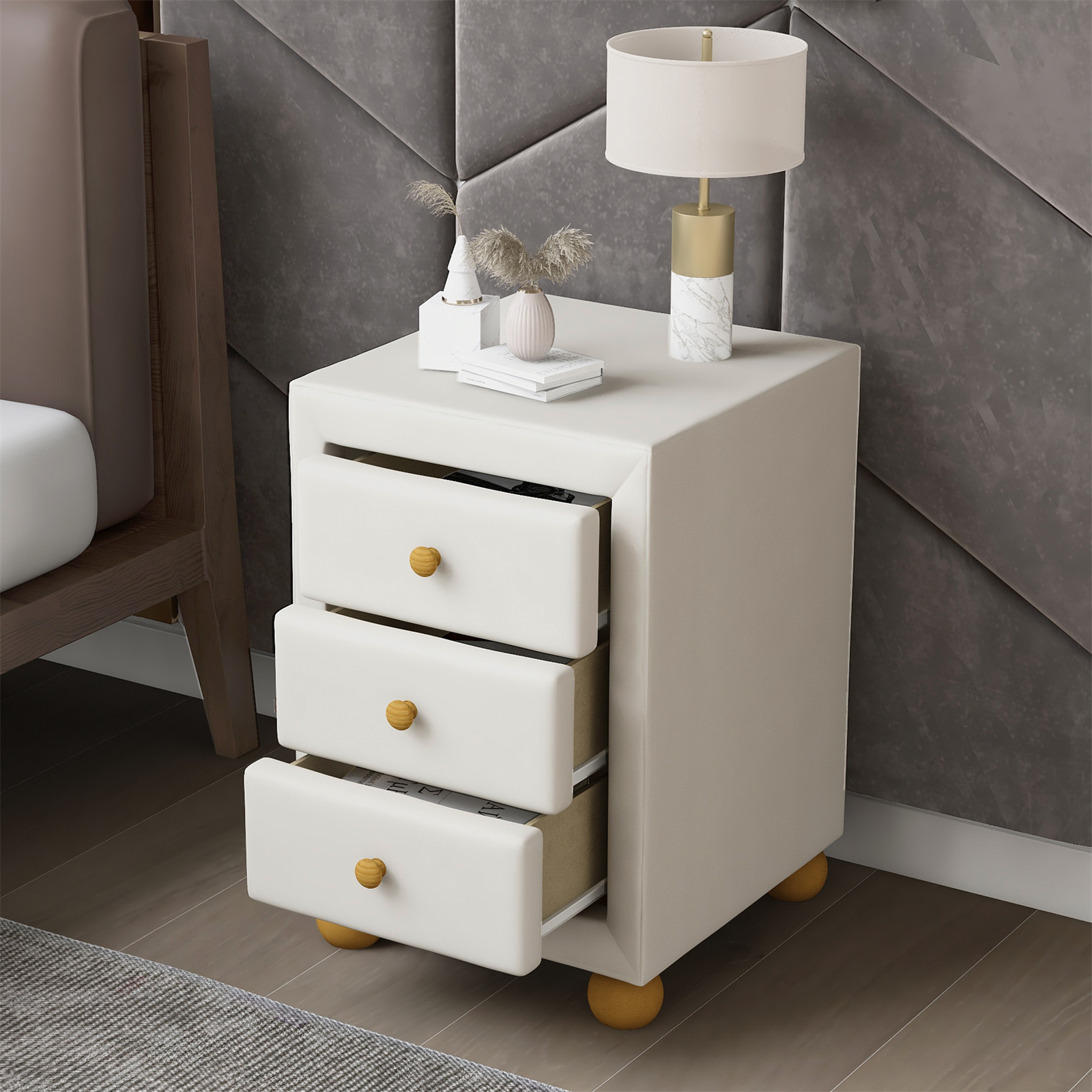 Upholstered Storage Nightstand with 3 Drawers, Modern Wooden Bedside Table Organizer Chest with
