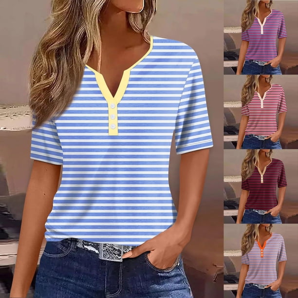 Fiudx Ofertas y Liquidaciones Blusa de Manga Corta con Estampado de Rayas a La Moda para Mujer, Camiseta con Cuello En V, Tops Informales con Botones