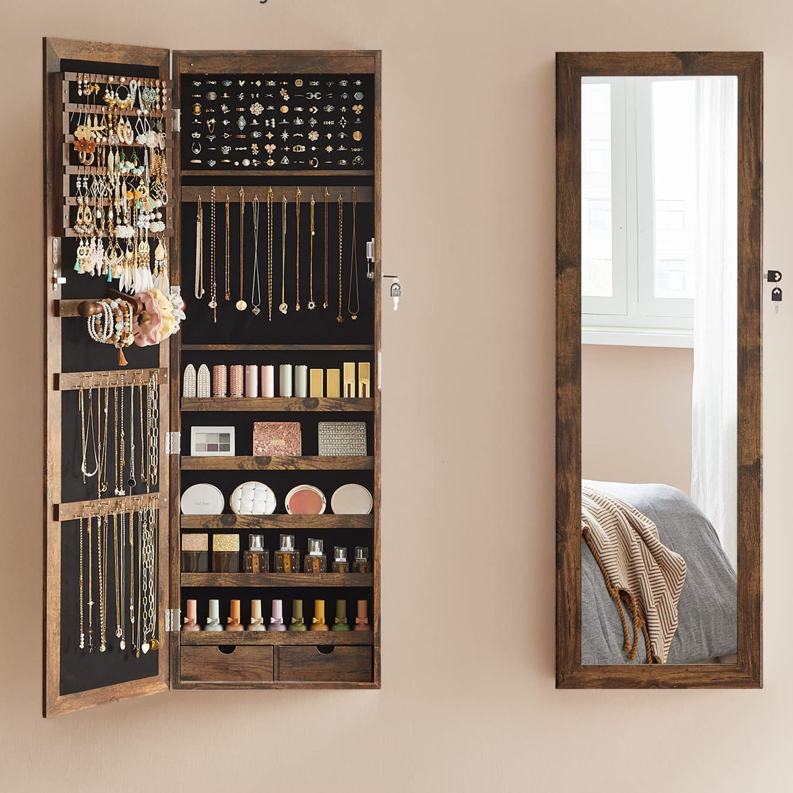 SONGMICS 6 LEDs Mirror Jewelry Cabinet Lockable 47.2" H Wall/Door 