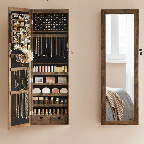 SONGMICS 6 LEDs Mirror Jewelry Lockable 47.2" H Wall/Door Mounted Jewelry Armoire