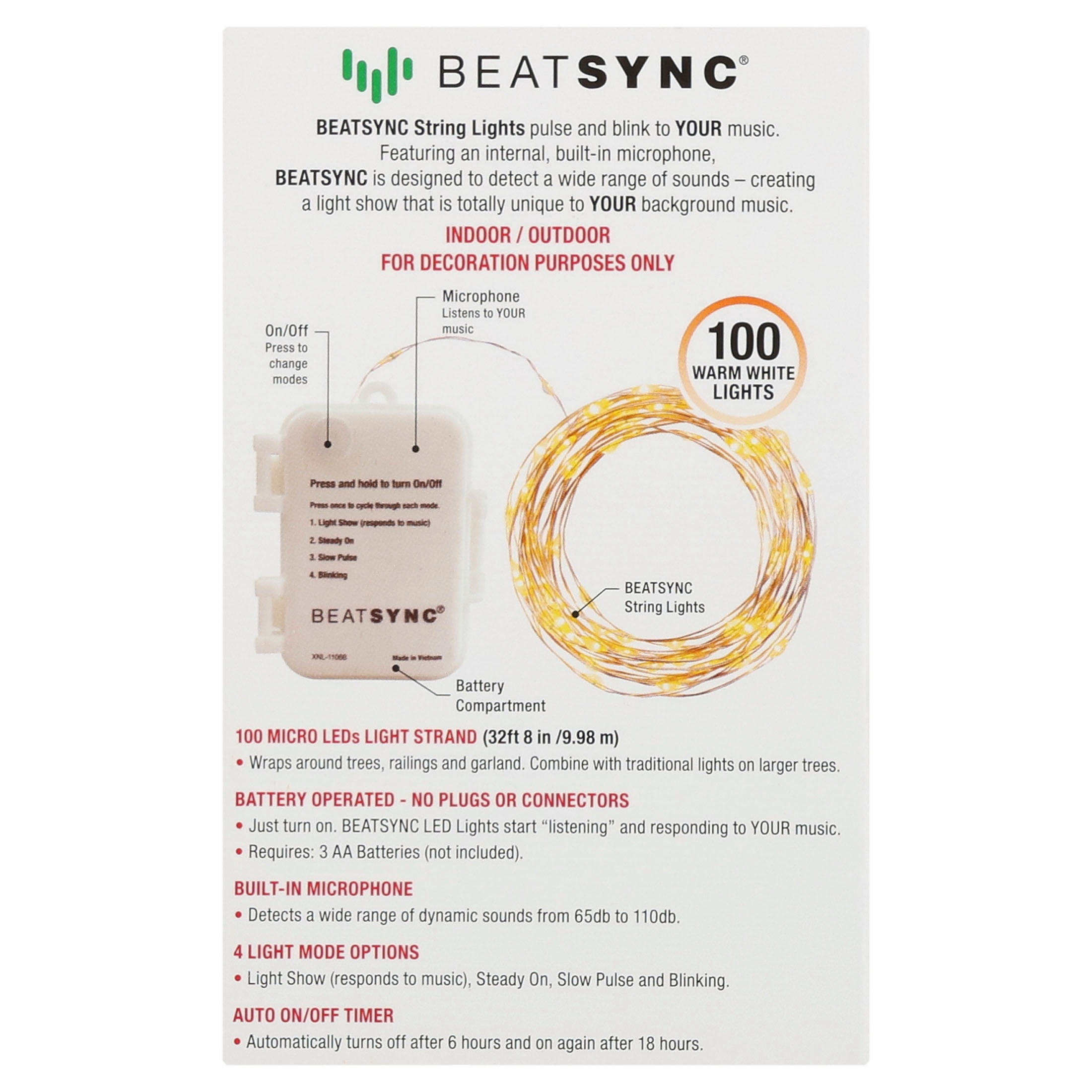 Christmas LED String Light, Battery Operated 100 Light Up Warm White Holiday Lighting, by Beatsync