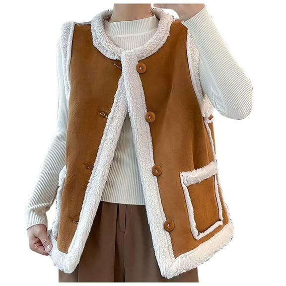 Futezty Winter Jackets for Women Sleeveless Fleece Vest Colorblock Sherpa Vest Plush Zipper Jacket Warm Outerwear with Pocket clearance coats for women(Brown，S)