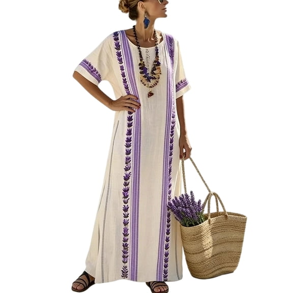 Guieoi Women's Dresses Plus Size Maxi Bohemian Vacation Beach Dress V-Neck Short-Sleeve Striped Loose-Fit Casual with Pockets Purple Purple M