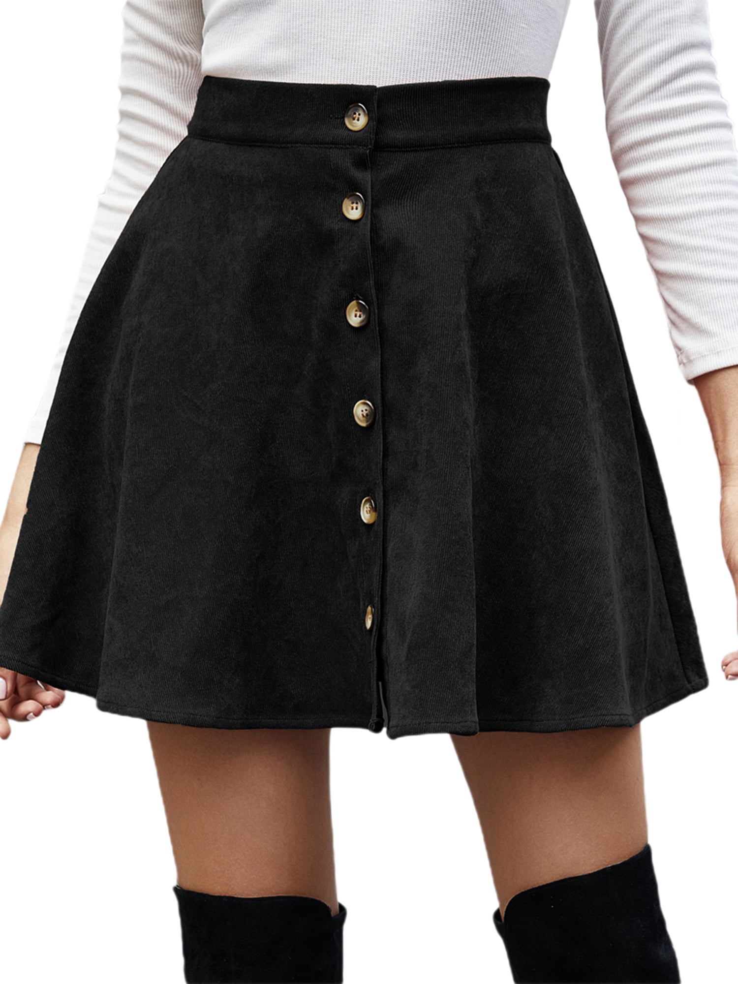 Black fitted mini skirts Eyicmarn Eyicmarn Womens Corduroy Mini Skirts High Waist Button Up Flare A Line Short Skirts Black Walmart Com Walmart Com