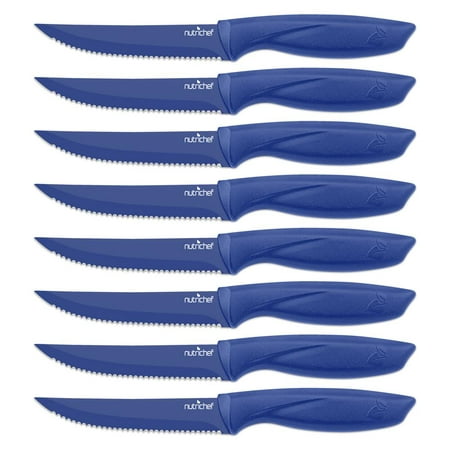 

8 Piece Kitchen Knife Set - Multi-purpose Unbreakable Ergonomic Non-stick Stainless Steel Kitchen Steak Knives Set with Fully Serrated Blades - Great for BBQ Grill - NutriChef NCSK8BU (Blue)