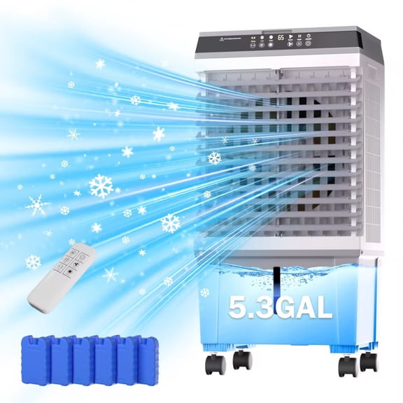 Evaporative Air Cooler, Swamp Cooler 5.3 Gal Portable Air Cooler with Remote, 12H Timer, 3 Speeds